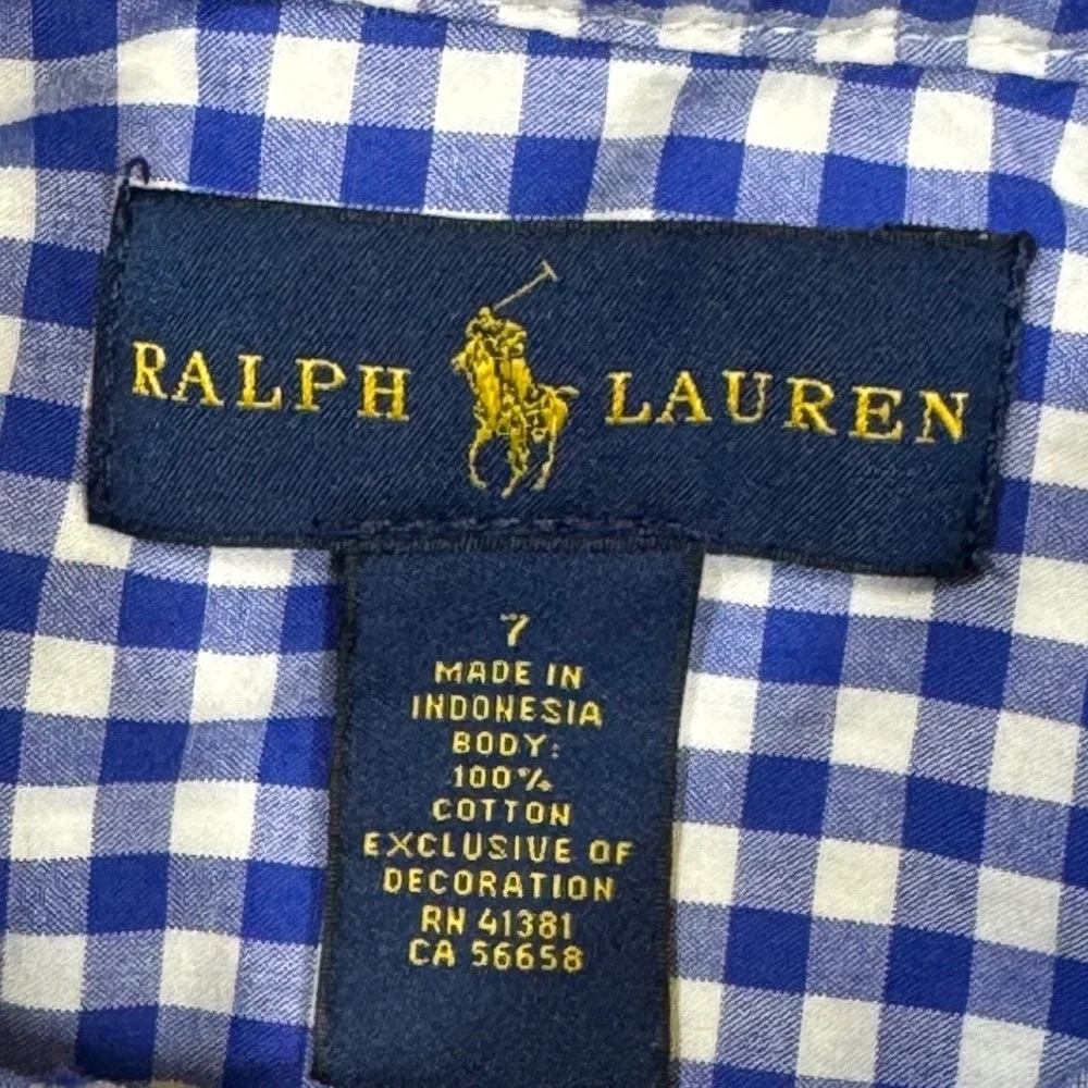 Ralph Lauren Boys Blue White Gingham Button Down Shirt Size‎ 7 Long Sleeves Pony